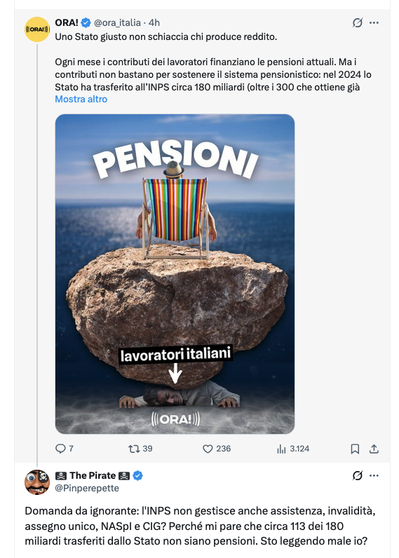 Il post di @ora_italia su X e la mia domanda sotto, rimasta senza risposta