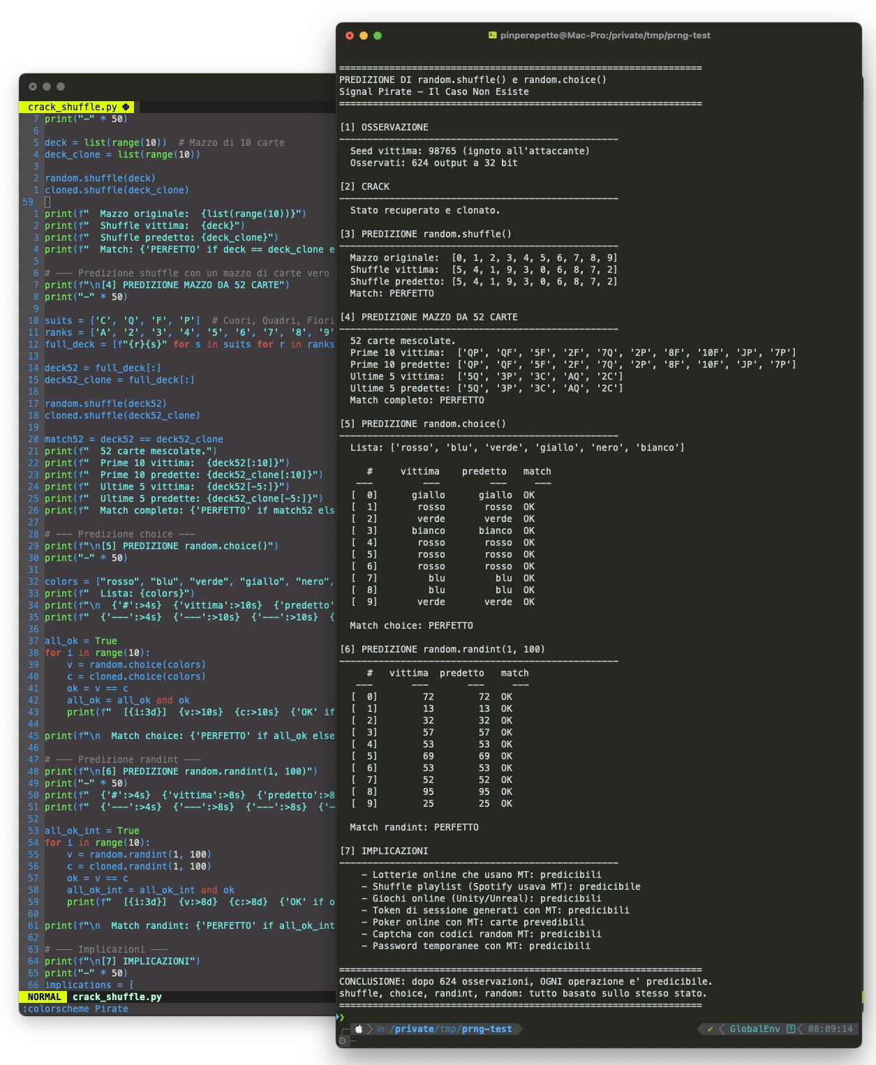 Terminale: script Python che predice random.shuffle, random.choice e random.randint dopo aver crackato il MT