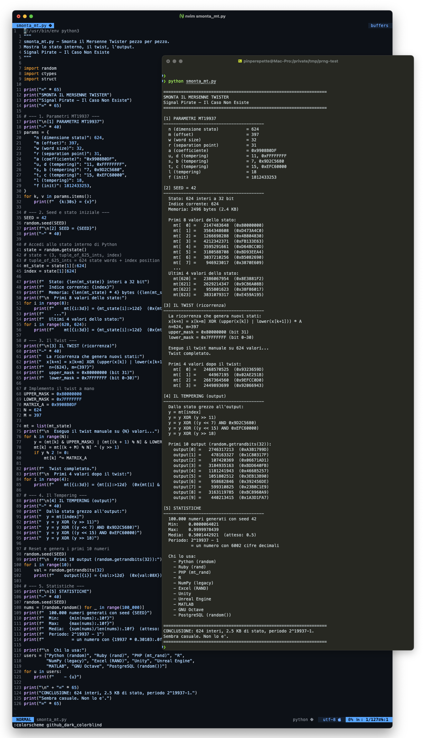 Terminale: script Python che smonta il Mersenne Twister, mostra stato interno, twist, tempering e output