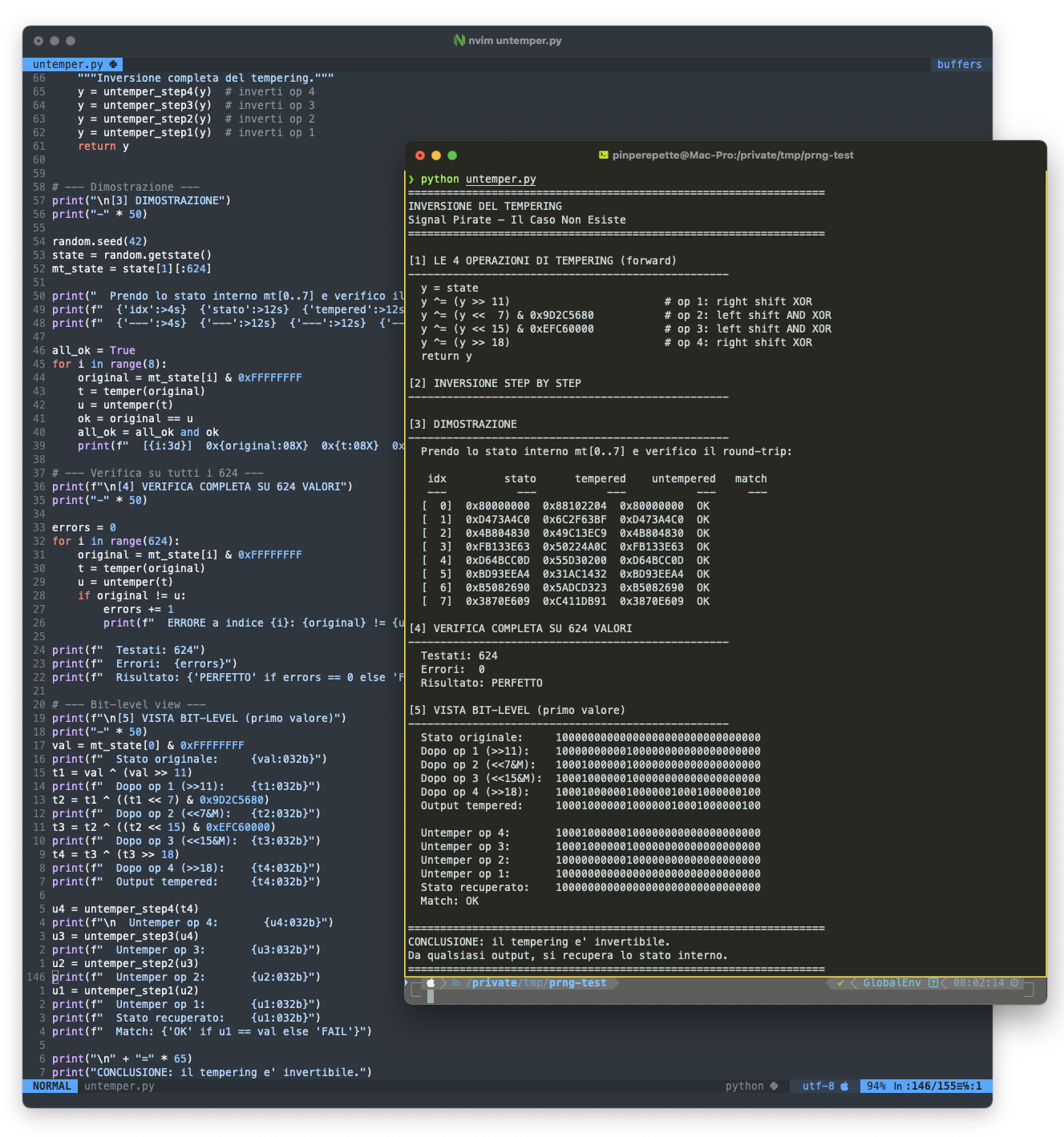Terminale: script Python che inverte il tempering del Mersenne Twister, round-trip perfetto su 624 valori