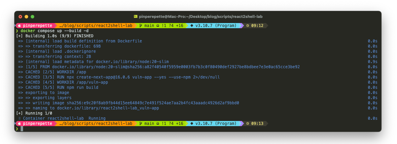 Terminale: docker compose up --build con Next.js 16.0.6 e container started