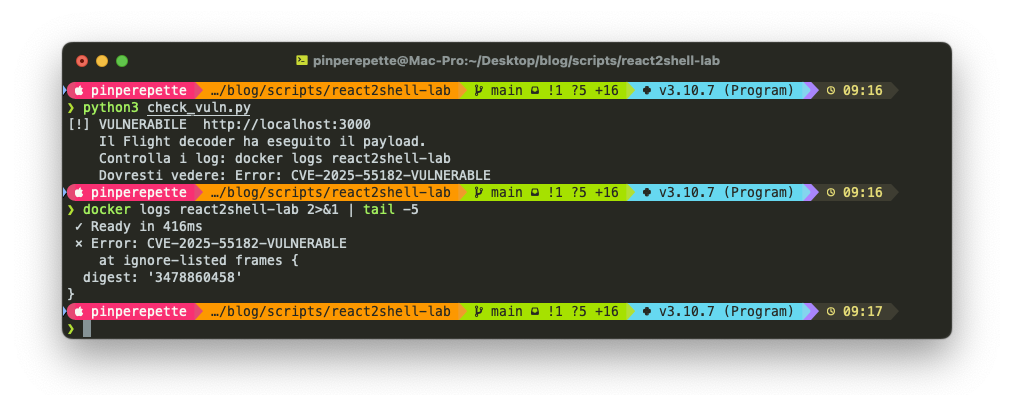 Terminale: check_vuln.py mostra VULNERABILE e docker logs mostra Error CVE-2025-55182-VULNERABLE