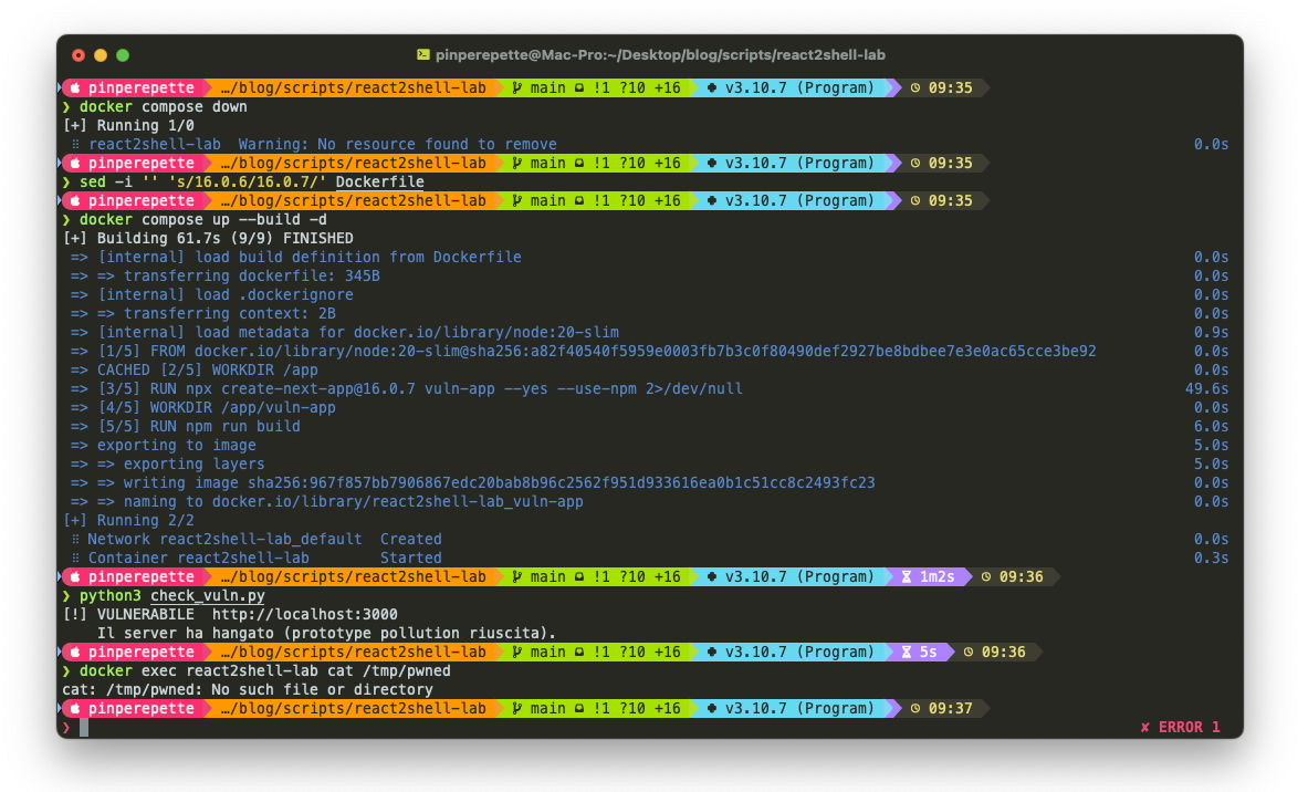 Terminale: Next.js 16.0.7 patchato, check_vuln mostra Non vulnerabile, /tmp/pwned non esiste