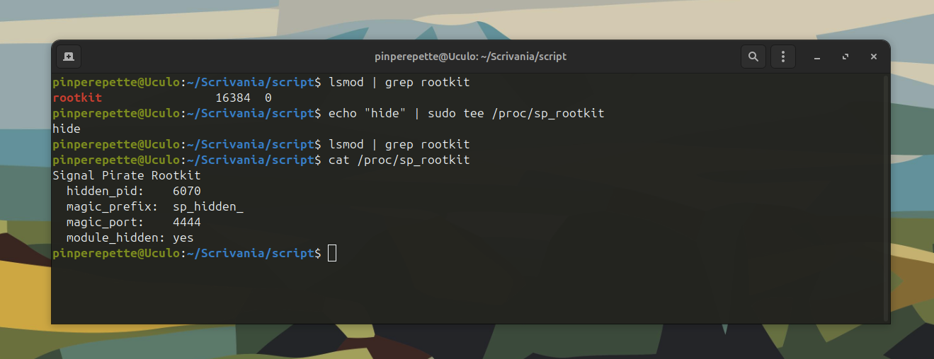 Terminale: modulo non visibile in lsmod ne' in /sys/module, ma le hook sono attive