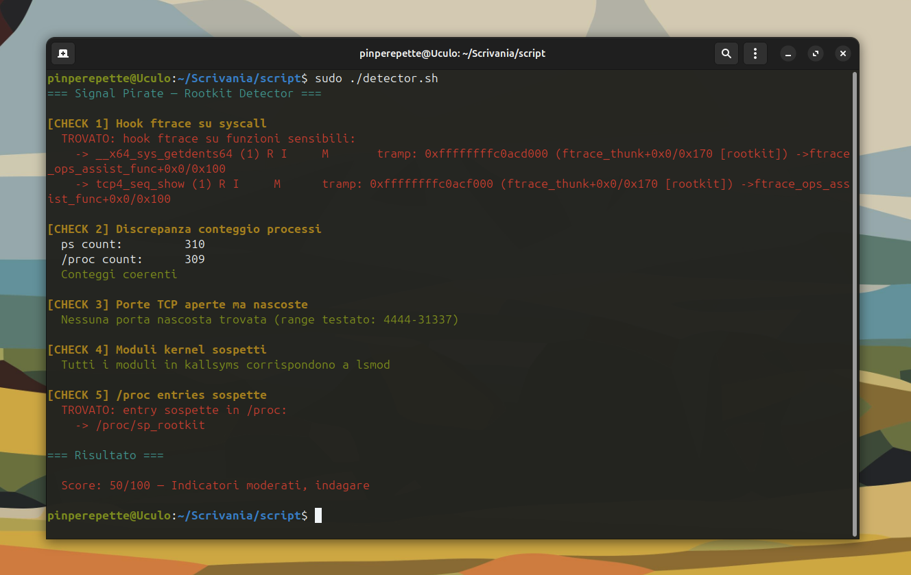 Output del detector: hook ftrace trovati, modulo nascosto in kallsyms, porta 4444 aperta ma non visibile