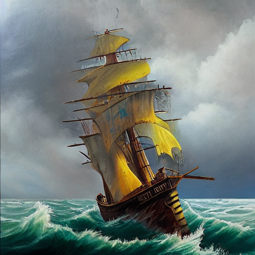Immagine generata da Stable Diffusion: nave pirata in una tempesta, pittura ad olio
