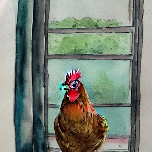 Seed 42: a chicken sitting on a windowsill, watercolor