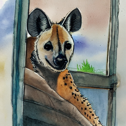 Seed 42: a hyena sitting on a windowsill, watercolor