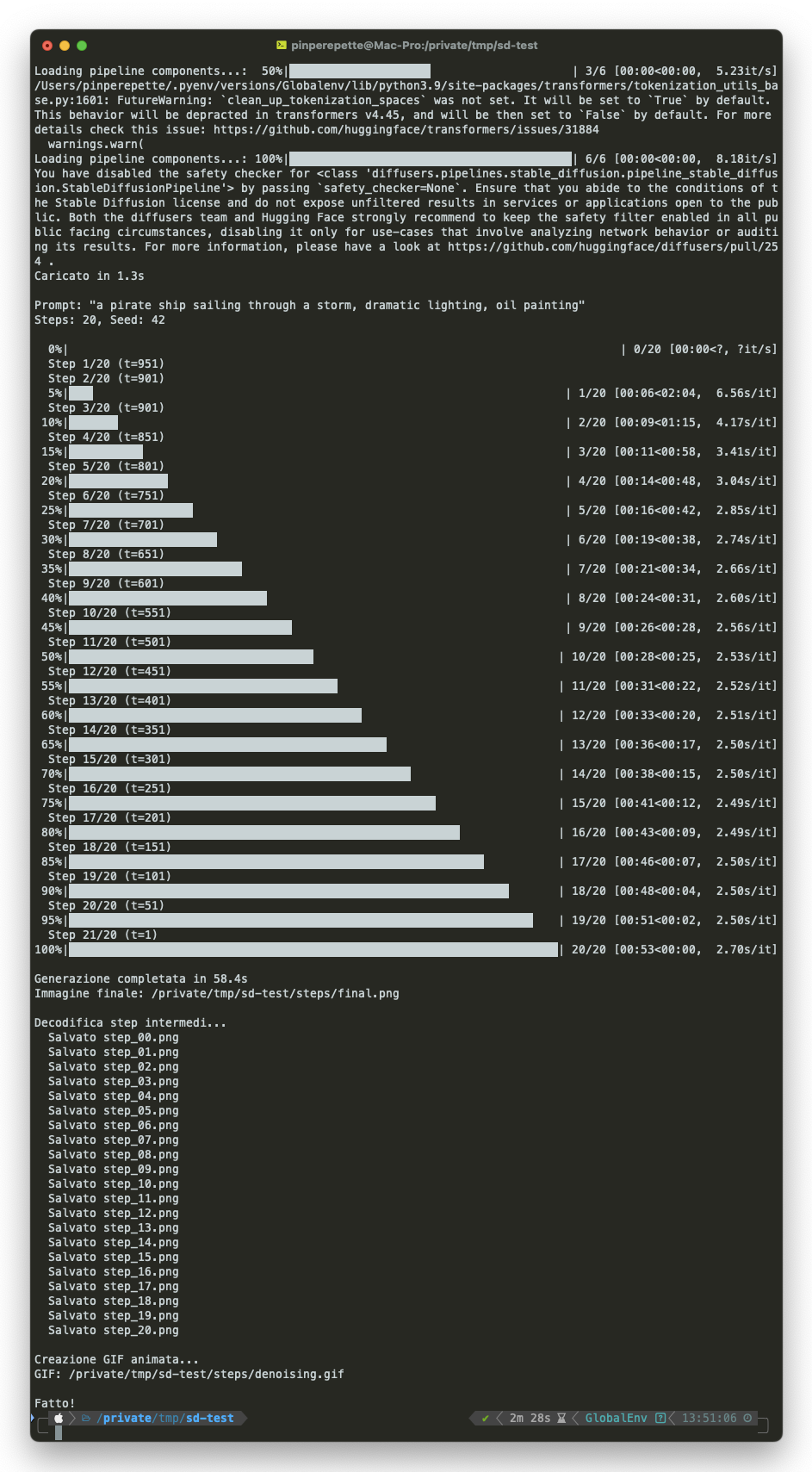 Terminale: script Python che genera un'immagine con Stable Diffusion salvando ogni step intermedio di denoising