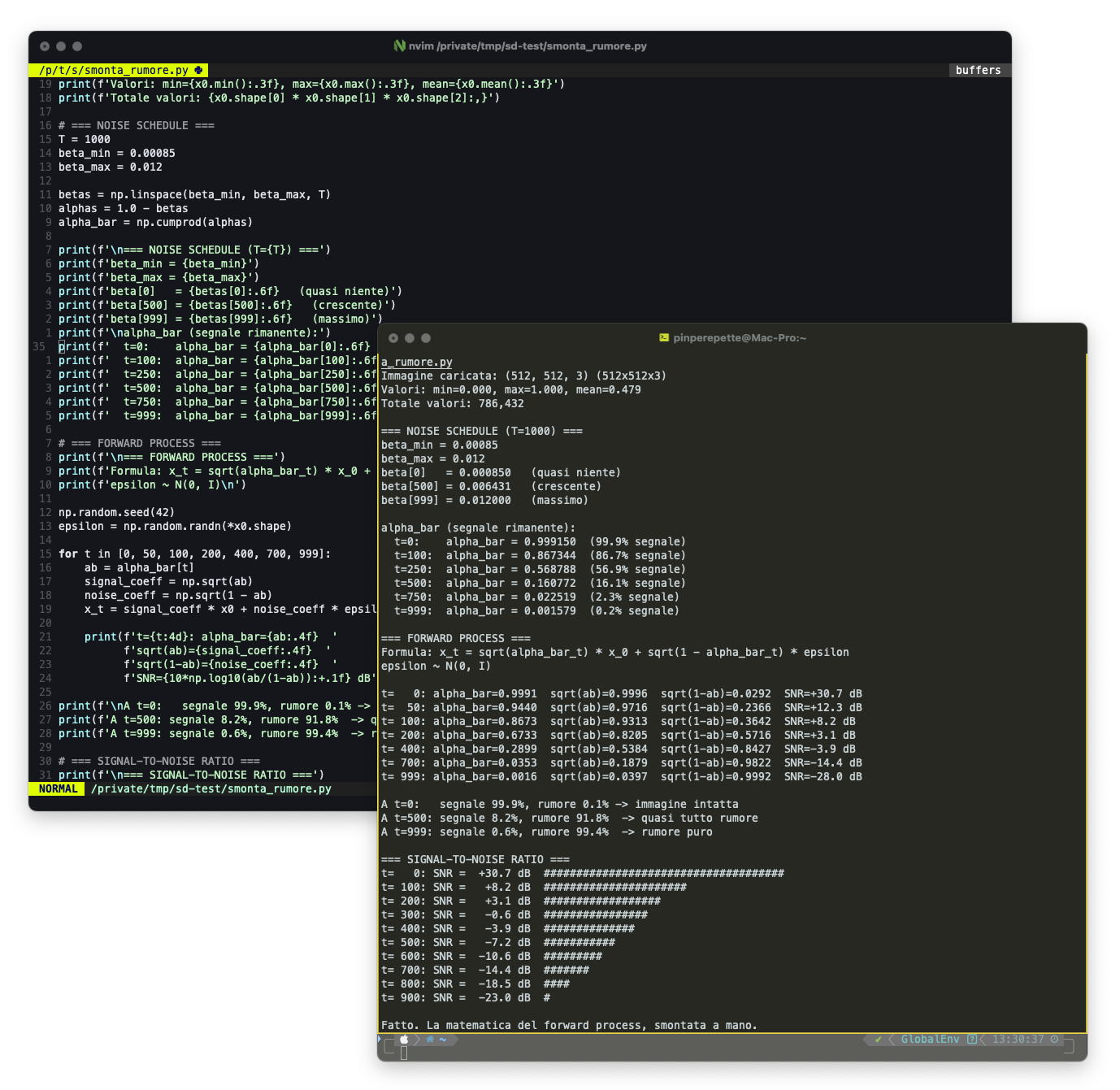 Terminale: script Python che implementa il forward process a mano con numpy, mostra noise schedule, alpha_bar e SNR