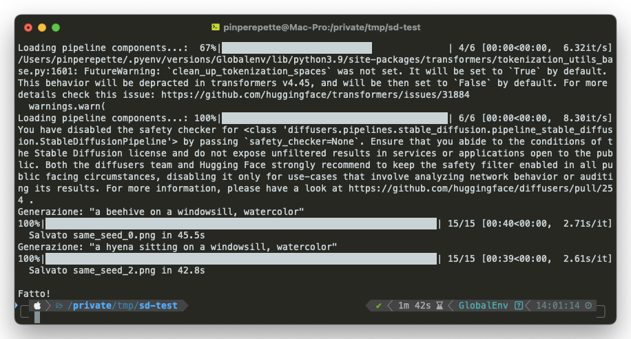 Terminale: script Python che genera immagini con lo stesso seed 42 ma prompt diversi