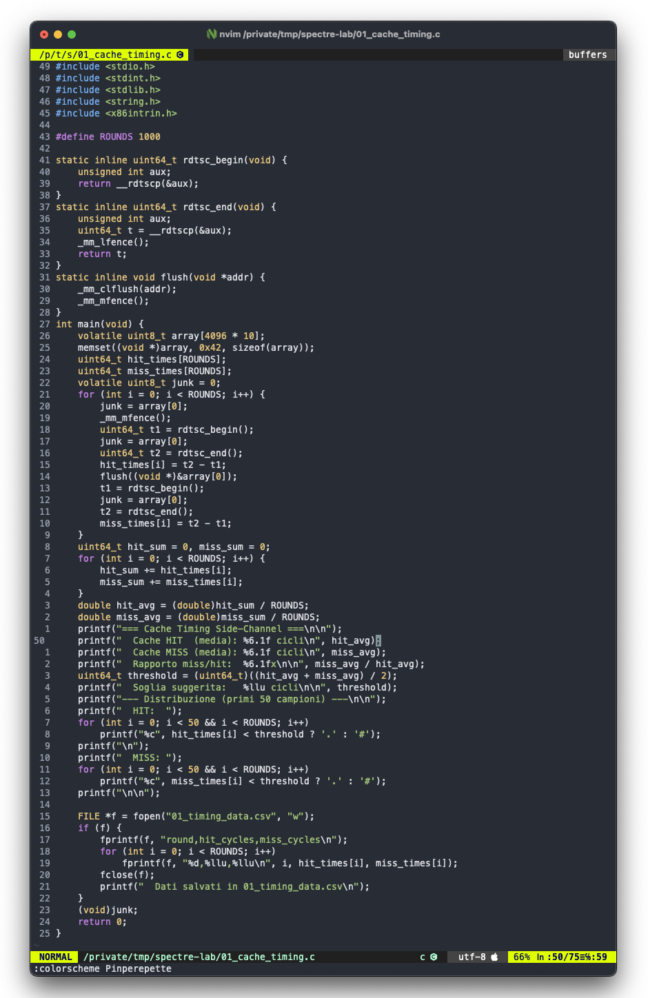 01_cache_timing.c: misura cache hit vs miss con rdtscp e clflush