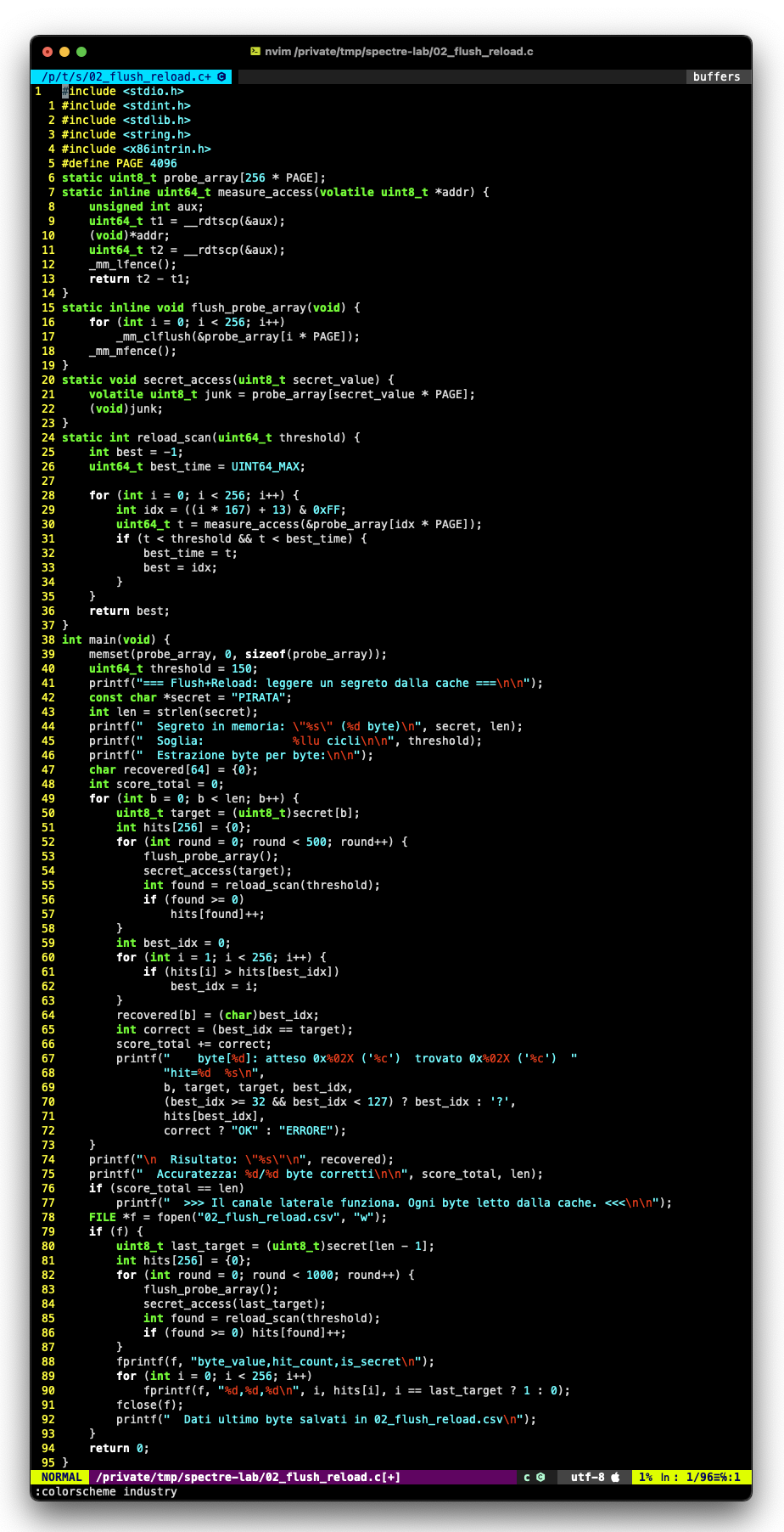 02_flush_reload.c: probe array di 256 pagine, flush, accesso segreto, reload scan