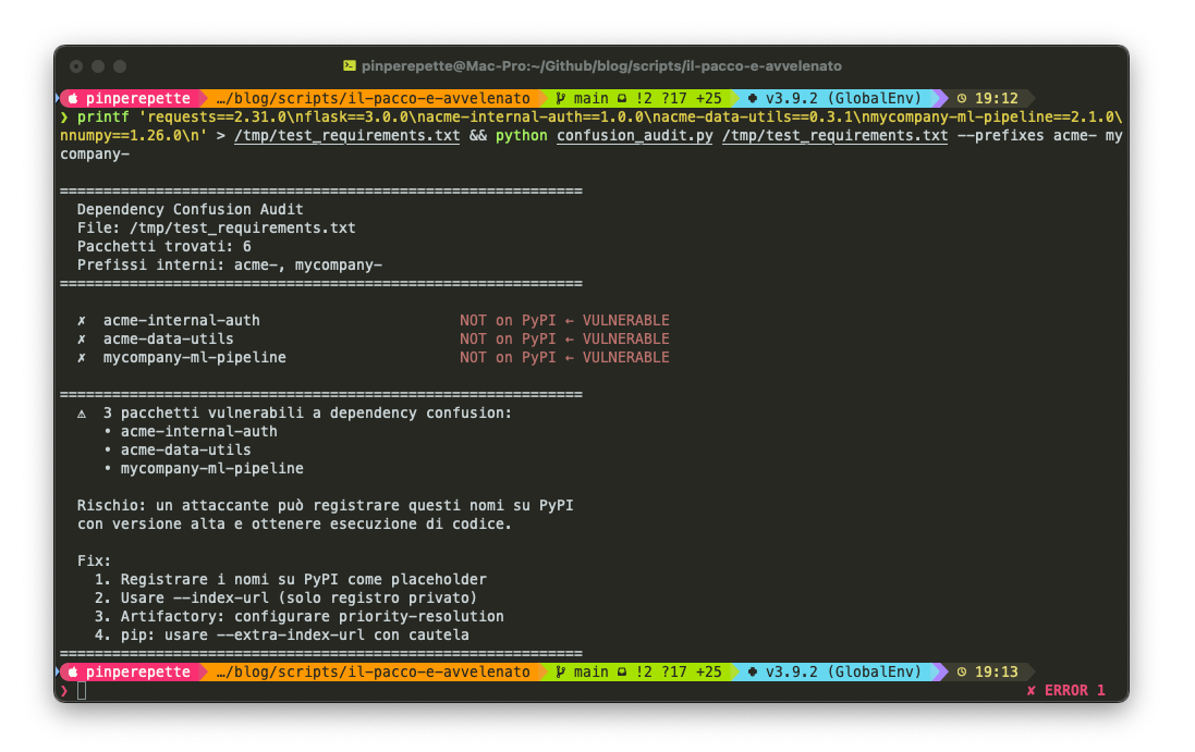 confusion_audit.py: 3 pacchetti interni non su PyPI, vulnerabili a dependency confusion