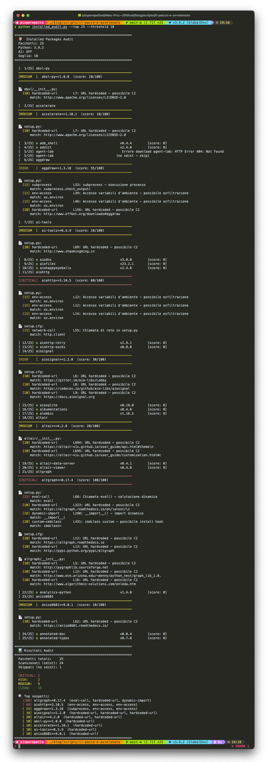 installed_audit.py: 25 pacchetti scansionati, 2 CRITICAL (falsi positivi verificati su altgraph e aiohttp)