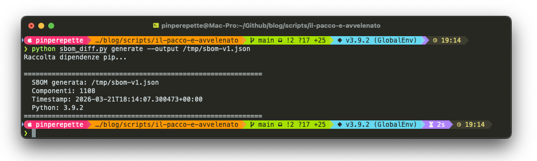 sbom_diff.py: SBOM generata con 1108 componenti