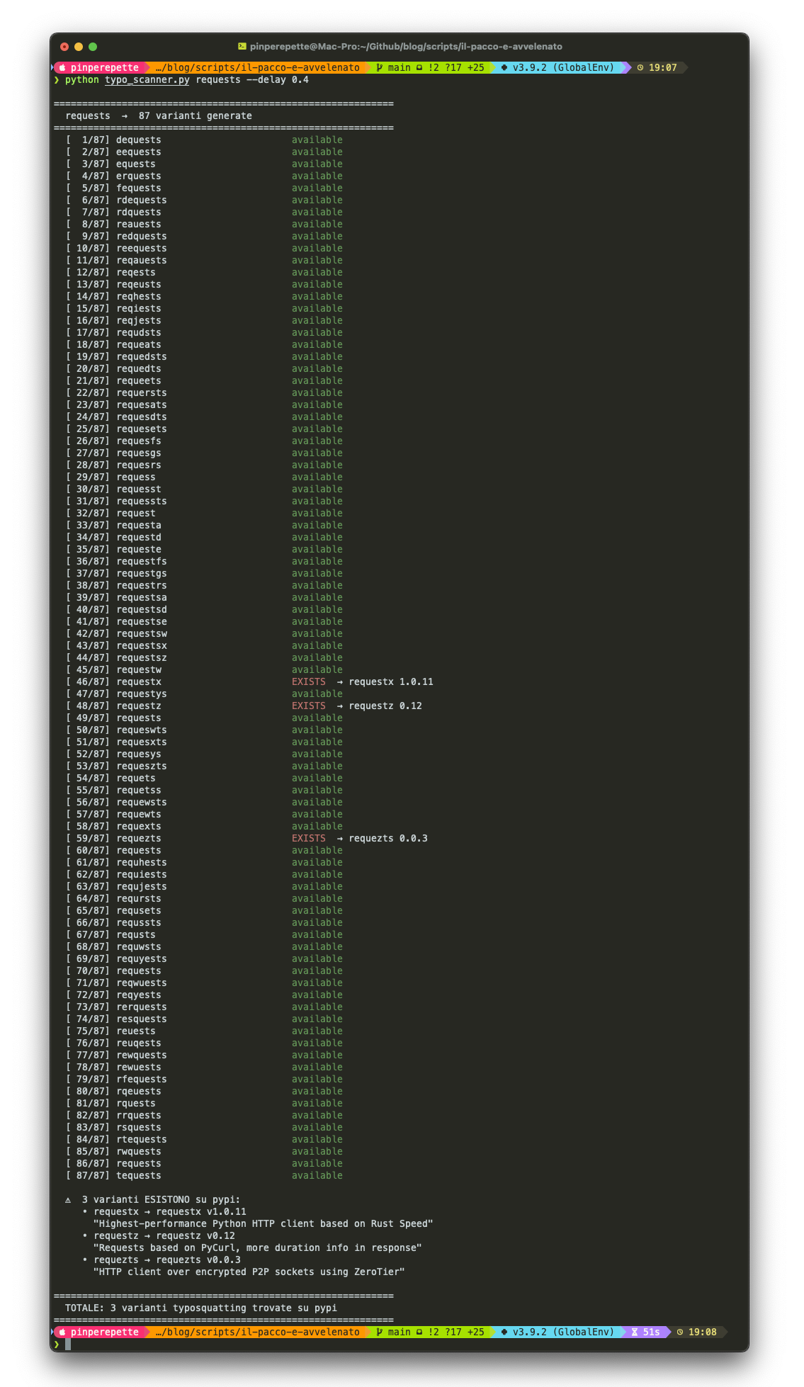 typo_scanner.py: 87 varianti di requests, 3 esistono su PyPI