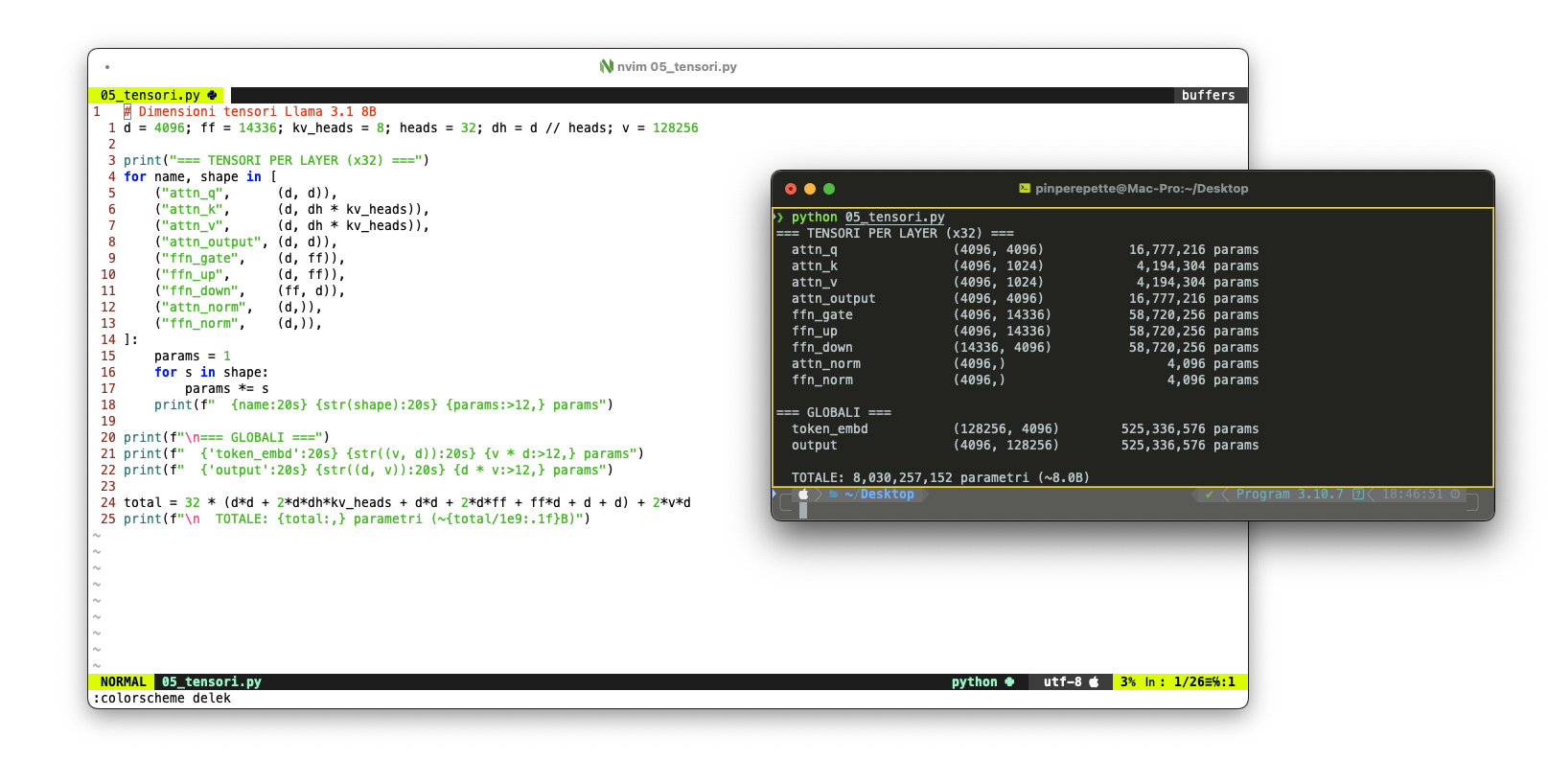 Script Python che calcola le dimensioni dei tensori di Llama 3.1 8B e output con il conteggio parametri