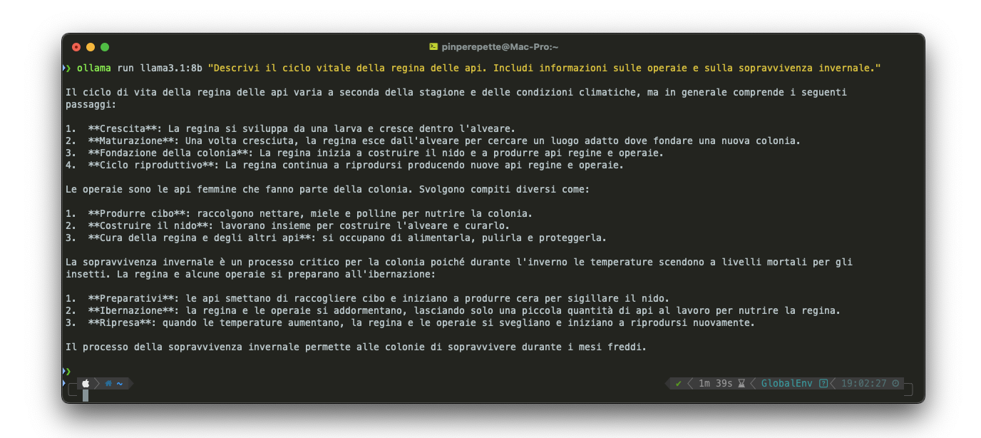 Terminale con Ollama che genera una risposta sulle api contenente errori fattuali e contraddizioni