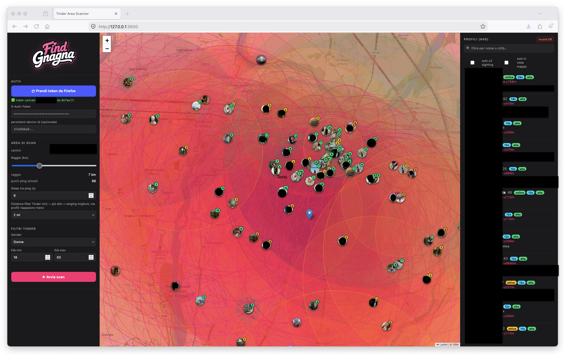 Mappa dello scanner Find Gnagna: decine di pin, ognuno un profilo, sparsi su una citta'. Volti, nomi e coordinate oscurati.