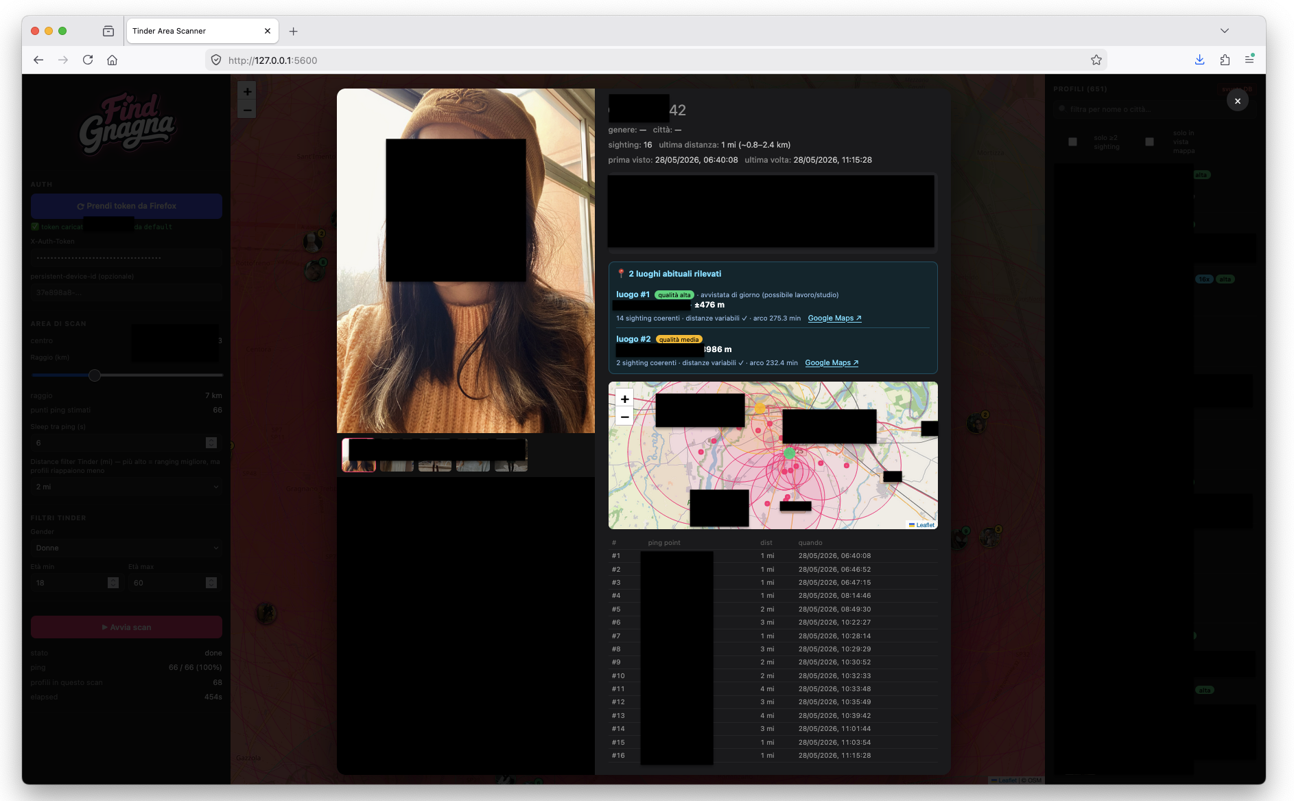 Scheda di un profilo nello scanner: due luoghi abituali rilevati con qualita' e fascia oraria (giorno = possibile lavoro), incertezza in metri. Nome, volto, coordinate e dati sensibili oscurati.
