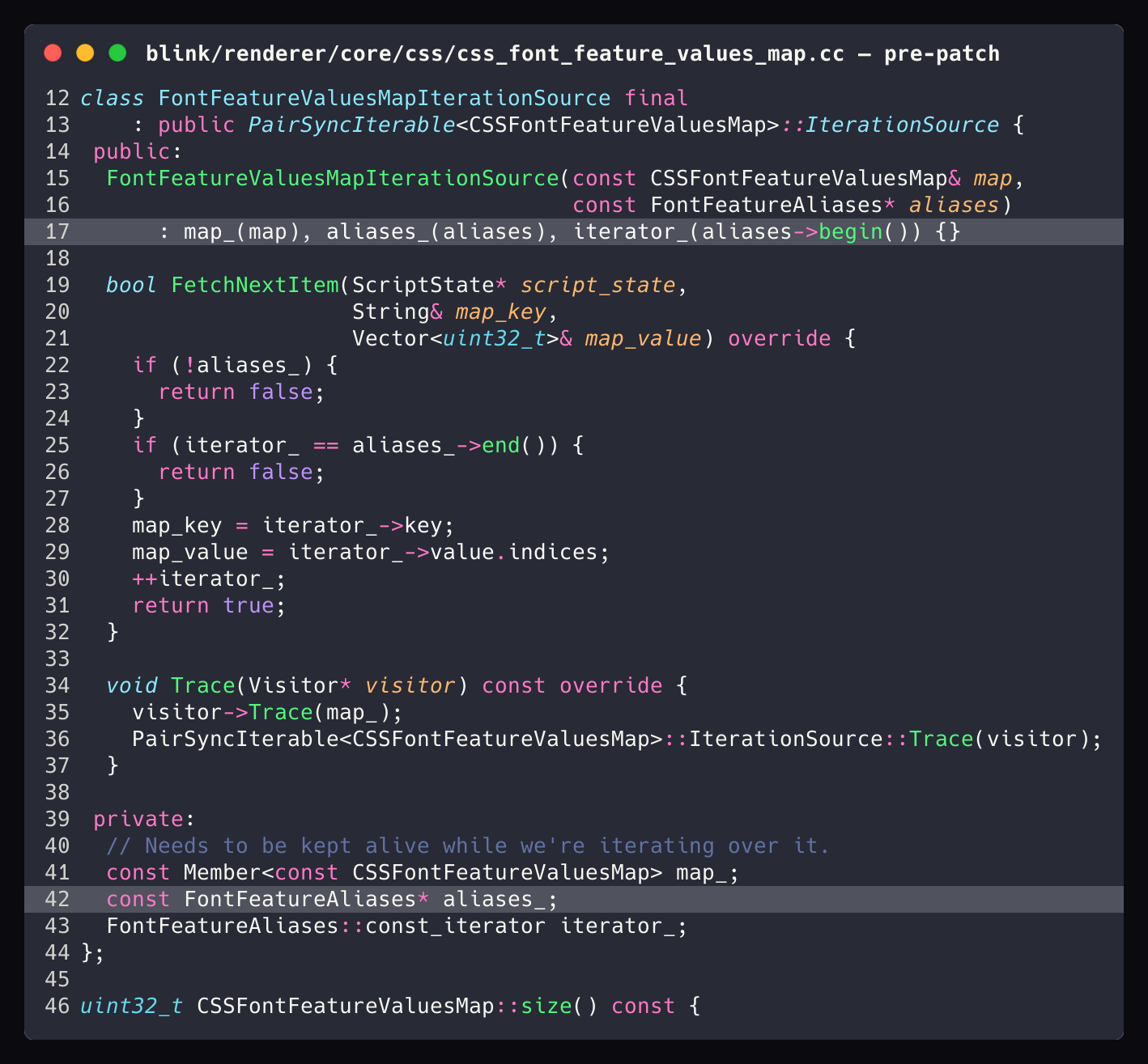 Codice vulnerabile: css_font_feature_values_map.cc pre-patch, con puntatore raw FontFeatureAliases* aliases_