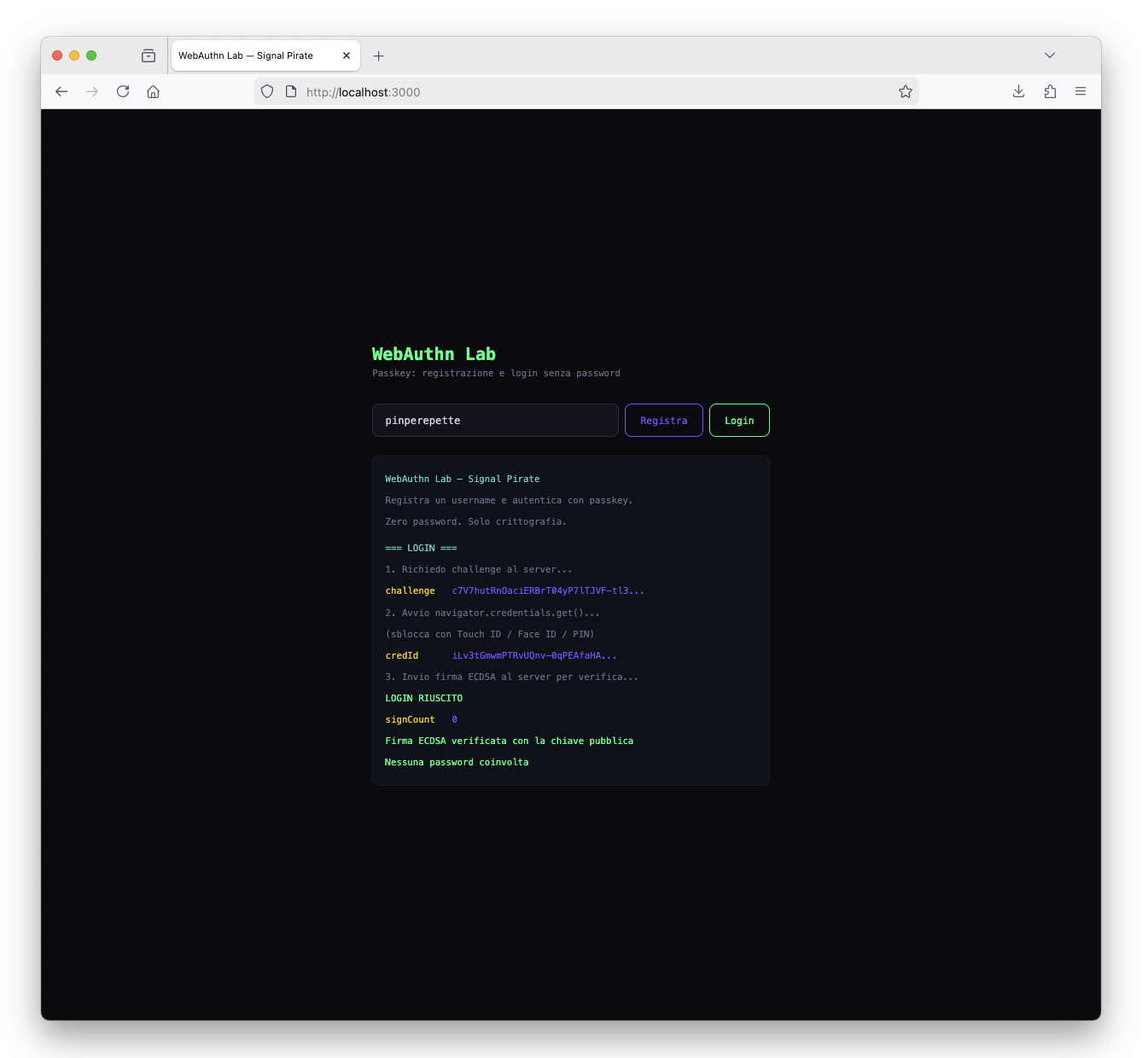 WebAuthn Lab: login con firma ECDSA, zero password