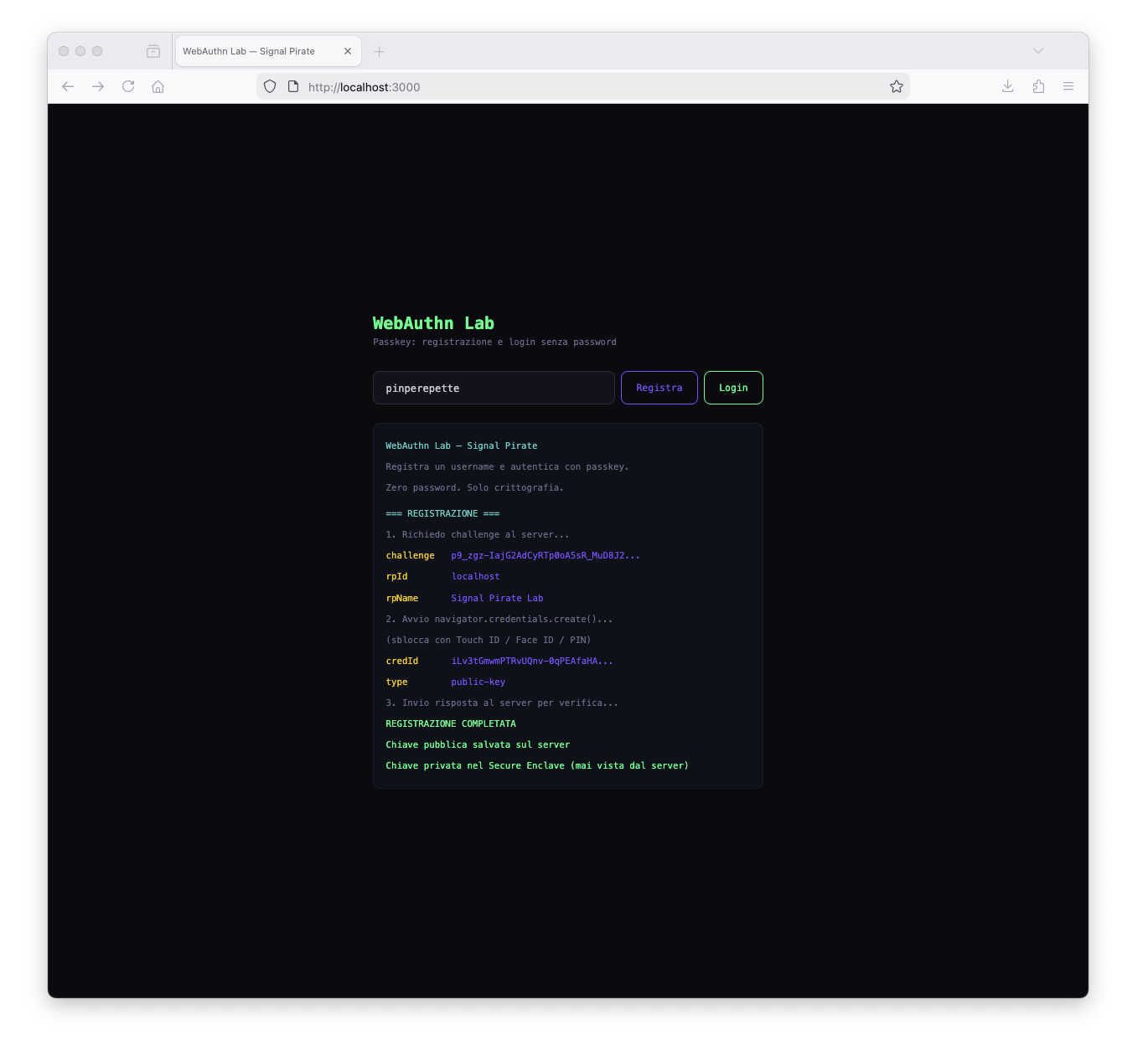 WebAuthn Lab: registrazione passkey con navigator.credentials.create()